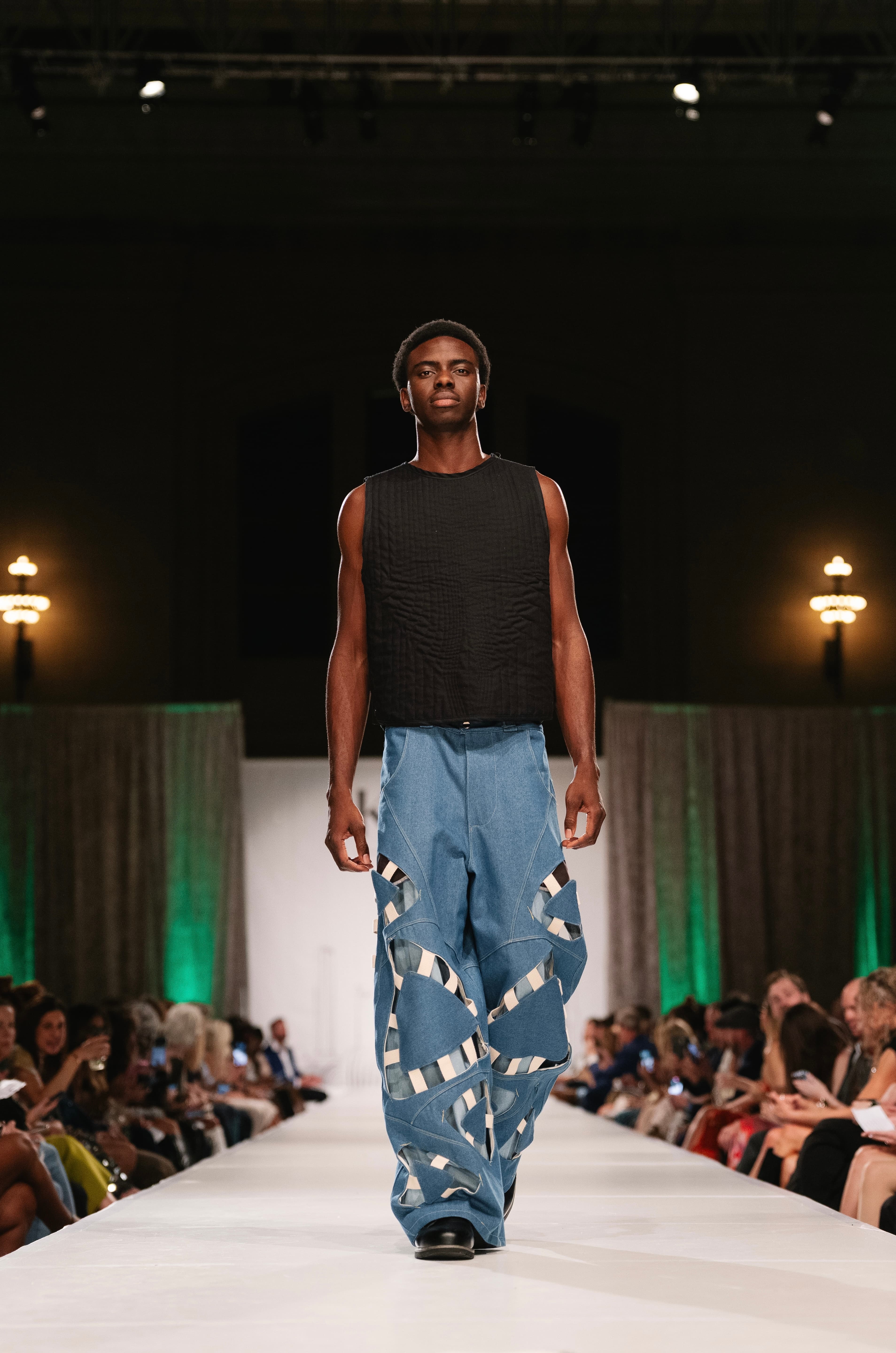 Black knit, blue denim