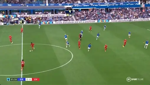 Clip: Everton v Liverpool, Iwobi scans again as Liverpool's right-back's first touch gets away, and spots Elliott showing for the ball