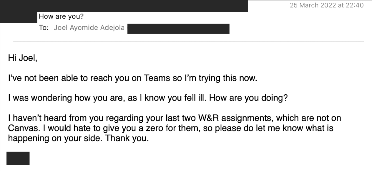Email from a teacher, 25 March 2022, asking how Joel is after falling ill and about two W&R assignments not yet on Canvas; sender redacted