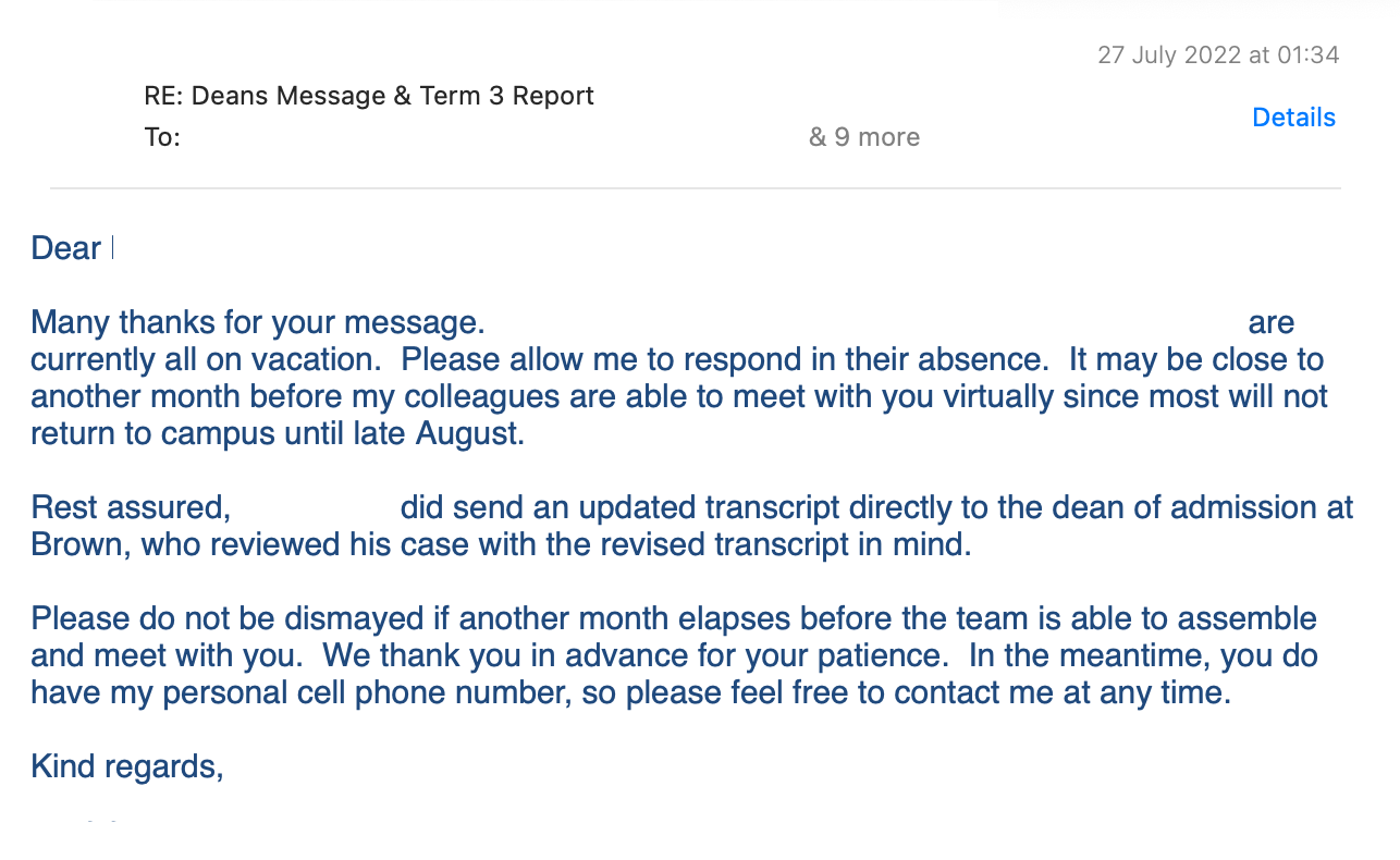 Email from an administrator, 27 July 2022, saying colleagues are on vacation and that an updated transcript was sent to Brown's dean of admission