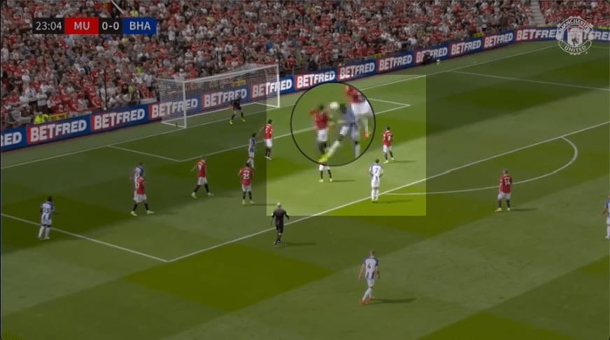 Annotated frame, Manchester United v Brighton: Welbeck wins the first header, which ricochets off Lisandro Martínez's head and out of the box