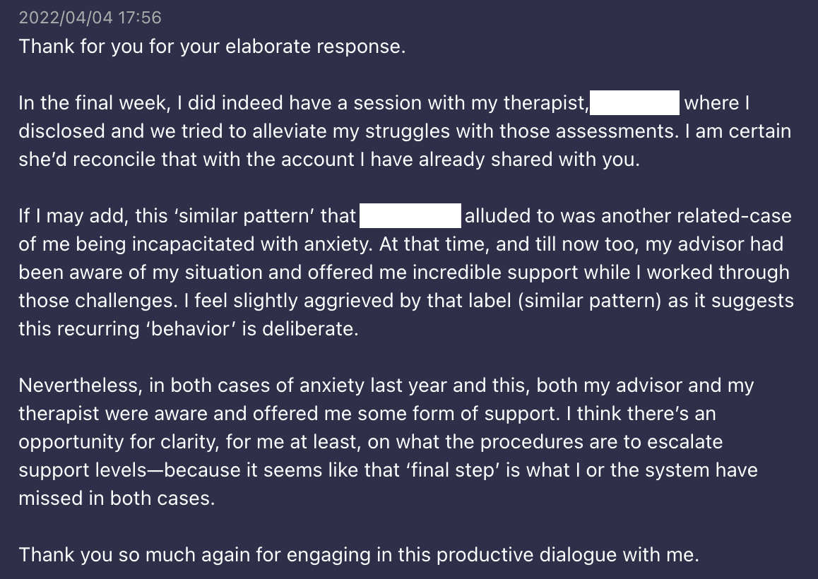Joel's reply, 4 April 2022, describing his session with his therapist and objecting to the label 'similar pattern'