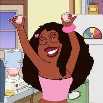 Cartoon of a woman raising two cups in celebration in her kitchen