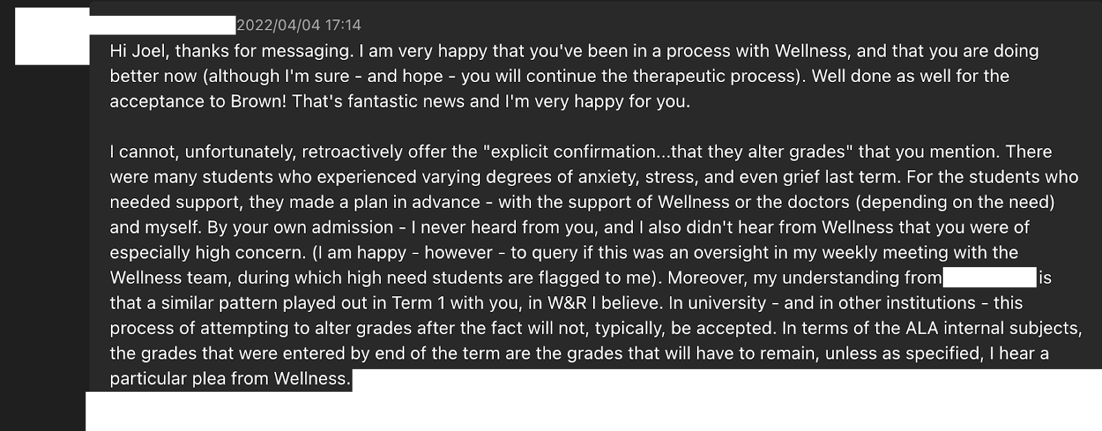 Message from a staff member, 4 April 2022, saying grades cannot be altered after the fact and that Wellness had not flagged him as of high concern; names redacted