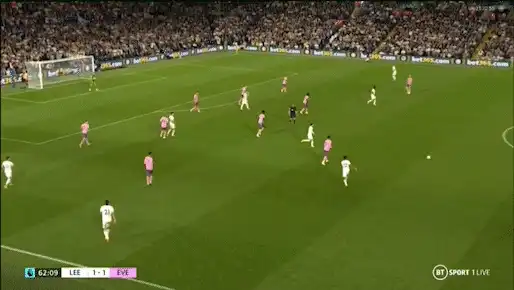 Clip: Leeds v Everton, Iwobi stands upright and flat, looking unaware, and lures the pass into the player beside him