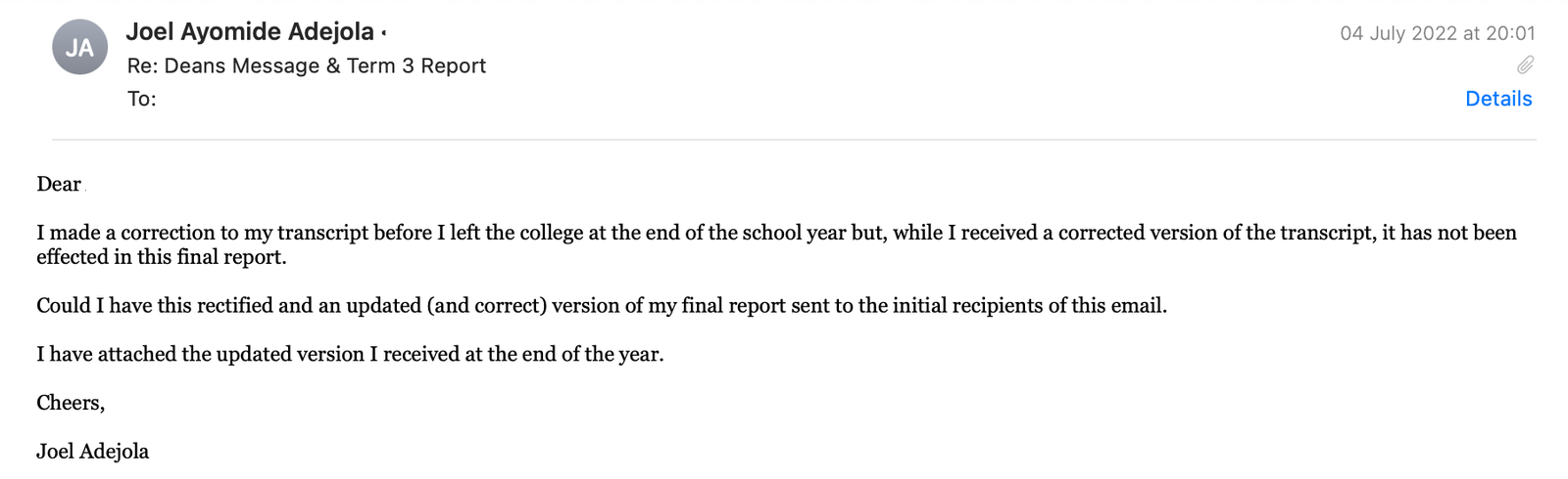 Joel's email, 4 July 2022, asking that his corrected transcript replace the one sent with his final report