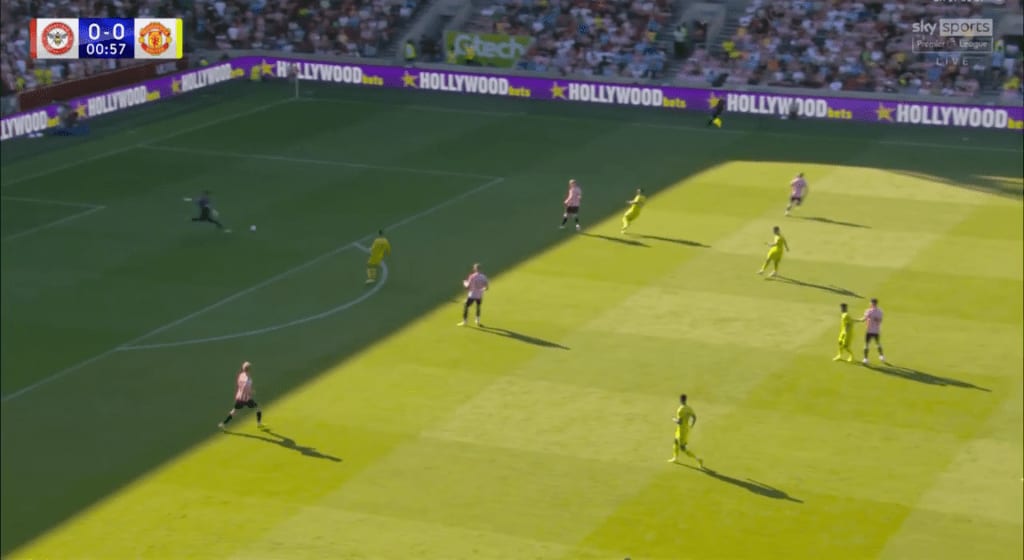 Broadcast frame, Brentford v Manchester United: a player with time and space chooses to play a long ball