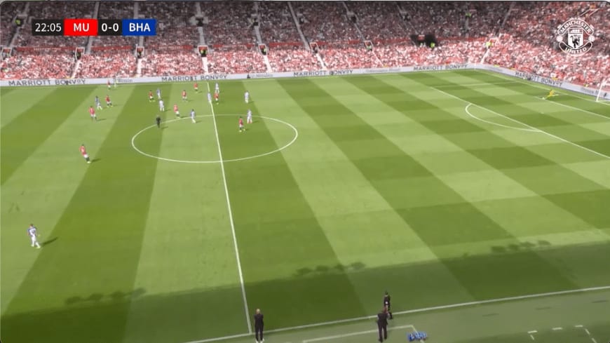 Broadcast frame, Manchester United v Brighton: a goal-kick, the dead-ball kind of second-ball situation