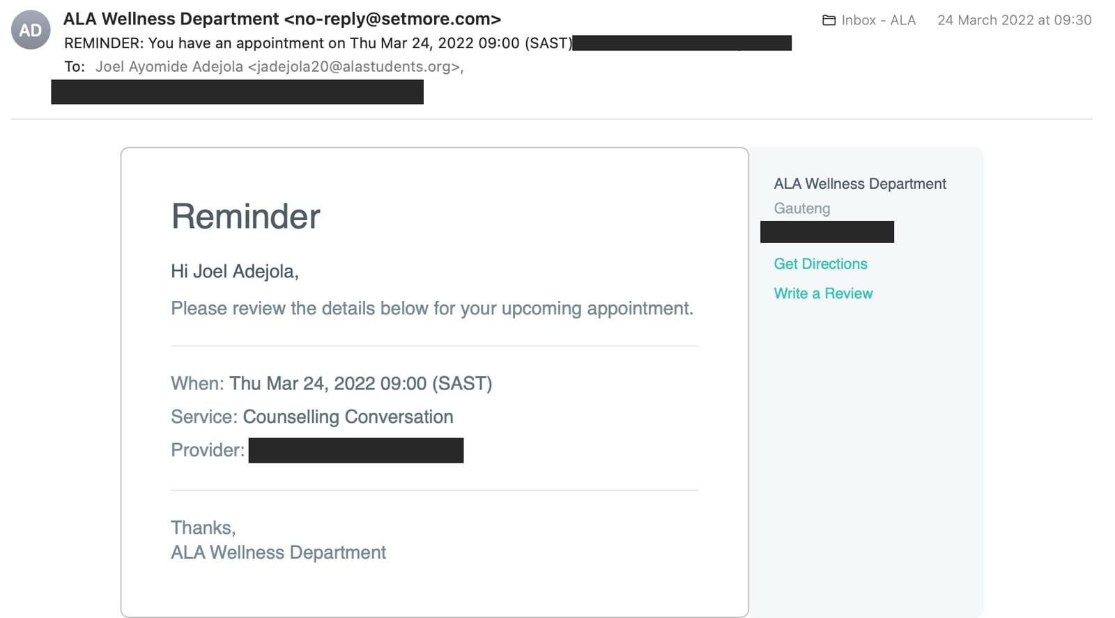 Email reminder from the ALA Wellness Department of a counselling appointment on 24 March 2022, names redacted