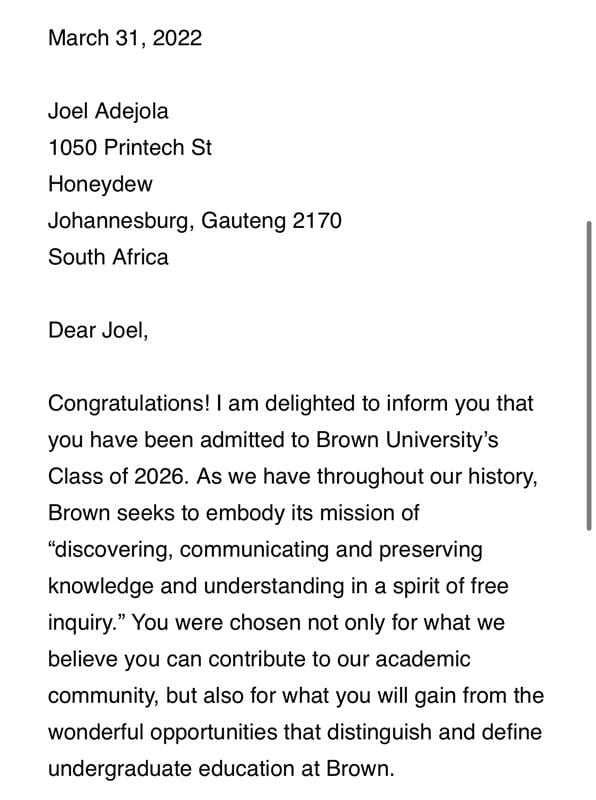 Letter from Brown University, 31 March 2022, congratulating Joel on his admission to the Class of 2026