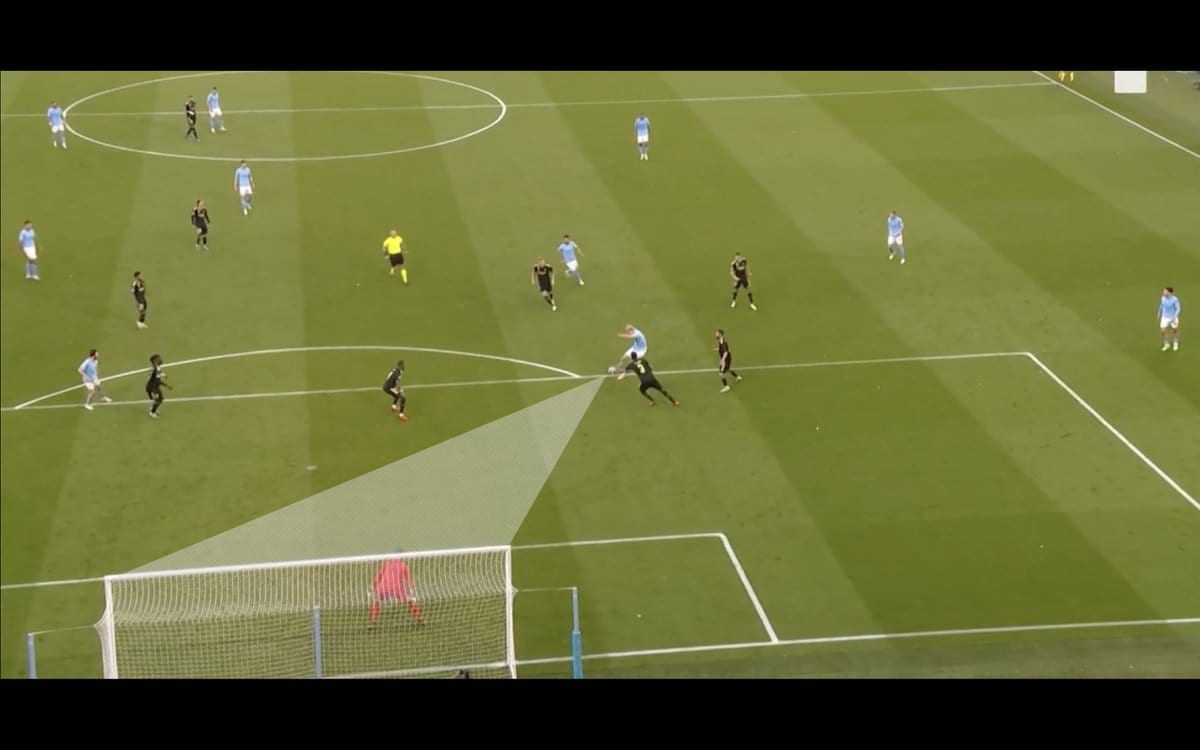Broadcast frame, Manchester City v Real Madrid: the angle to goal shaded as Haaland shoots from the edge of the box