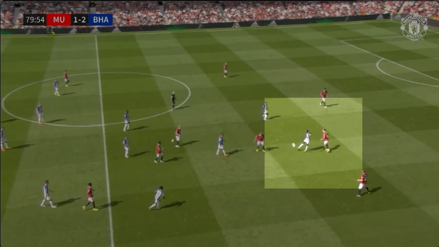 Annotated frame, Manchester United v Brighton, 79th minute: an aerial left out of the count because whether it was contested is subjective