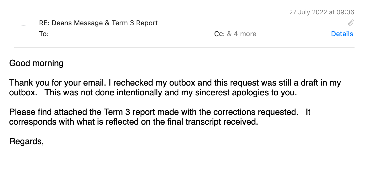 Email, 27 July 2022, saying the correction request had been left as a draft in the sender's outbox, with the corrected Term 3 report attached