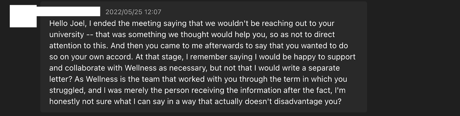 Message from the Year Head, 25 May 2022, declining to write a separate support letter