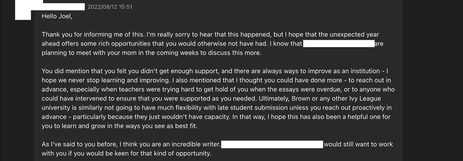 Message from the Year Head, 12 August 2022, responding to the rescission from Brown
