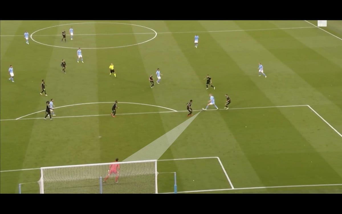 Broadcast frame, Manchester City v Real Madrid: the angle to goal shaded as Haaland prepares a shot