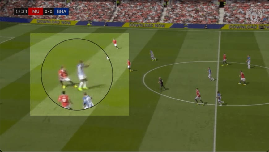 Annotated frame, Manchester United v Brighton: a Brighton player wins first contact while Lisandro Martínez stays on the ground, so no aerial duel is recorded