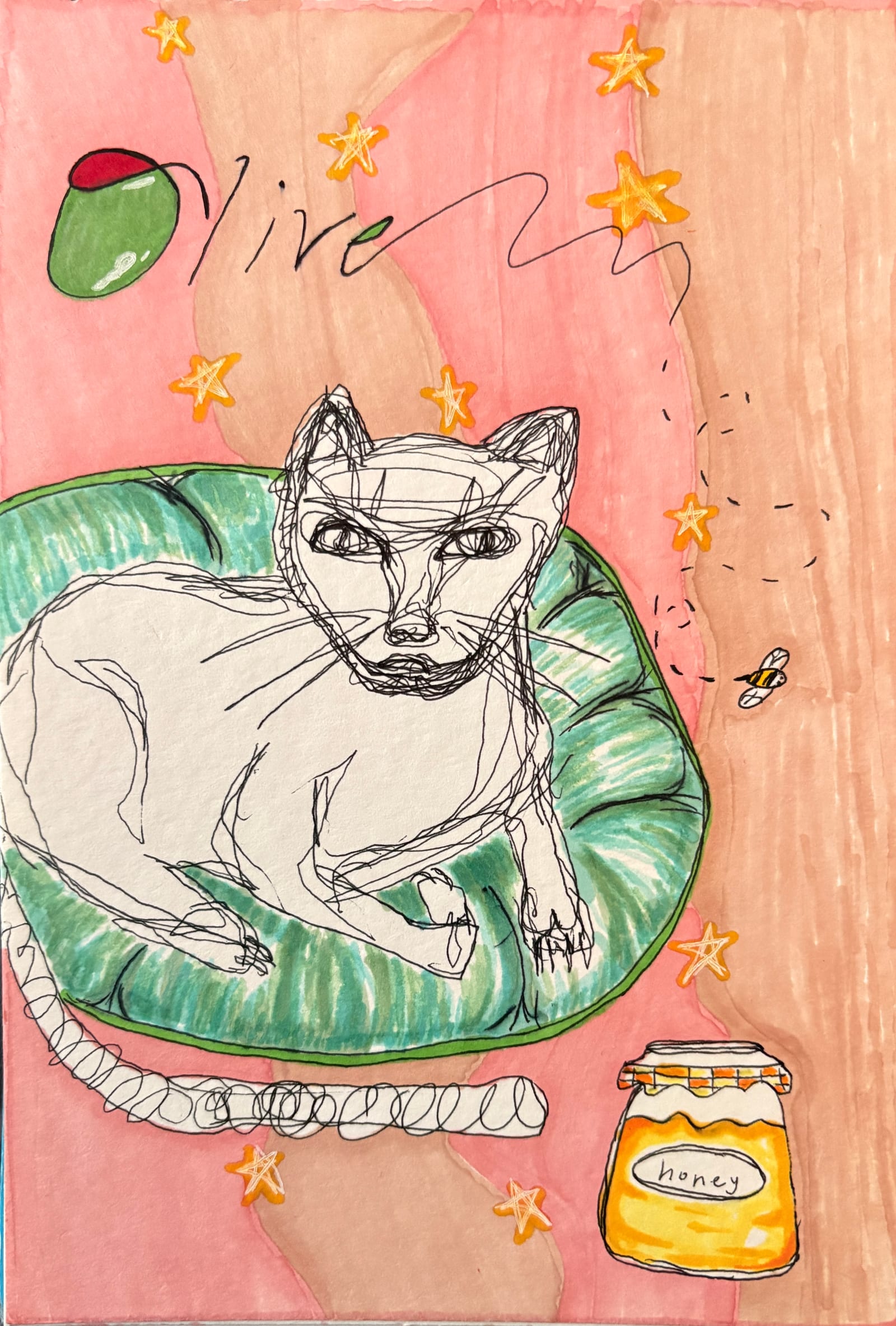 “Olive” – yesterday, a friend stopped by and drew Olive while I wrote.